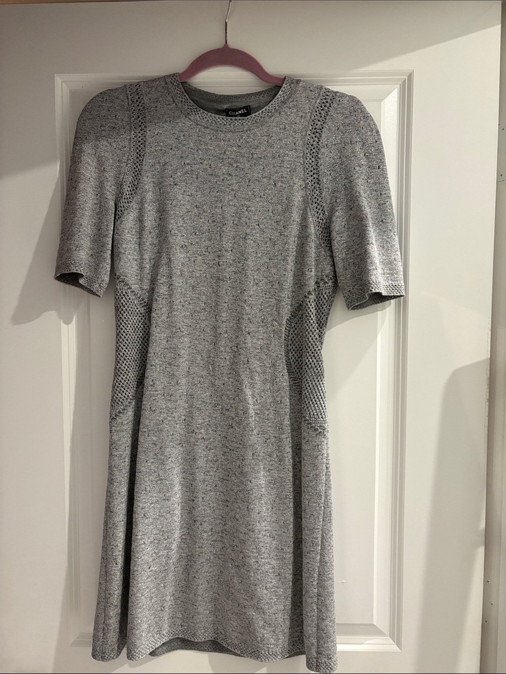 CHANEL Heather Gray Knit Short-Sleeve Mini Dress